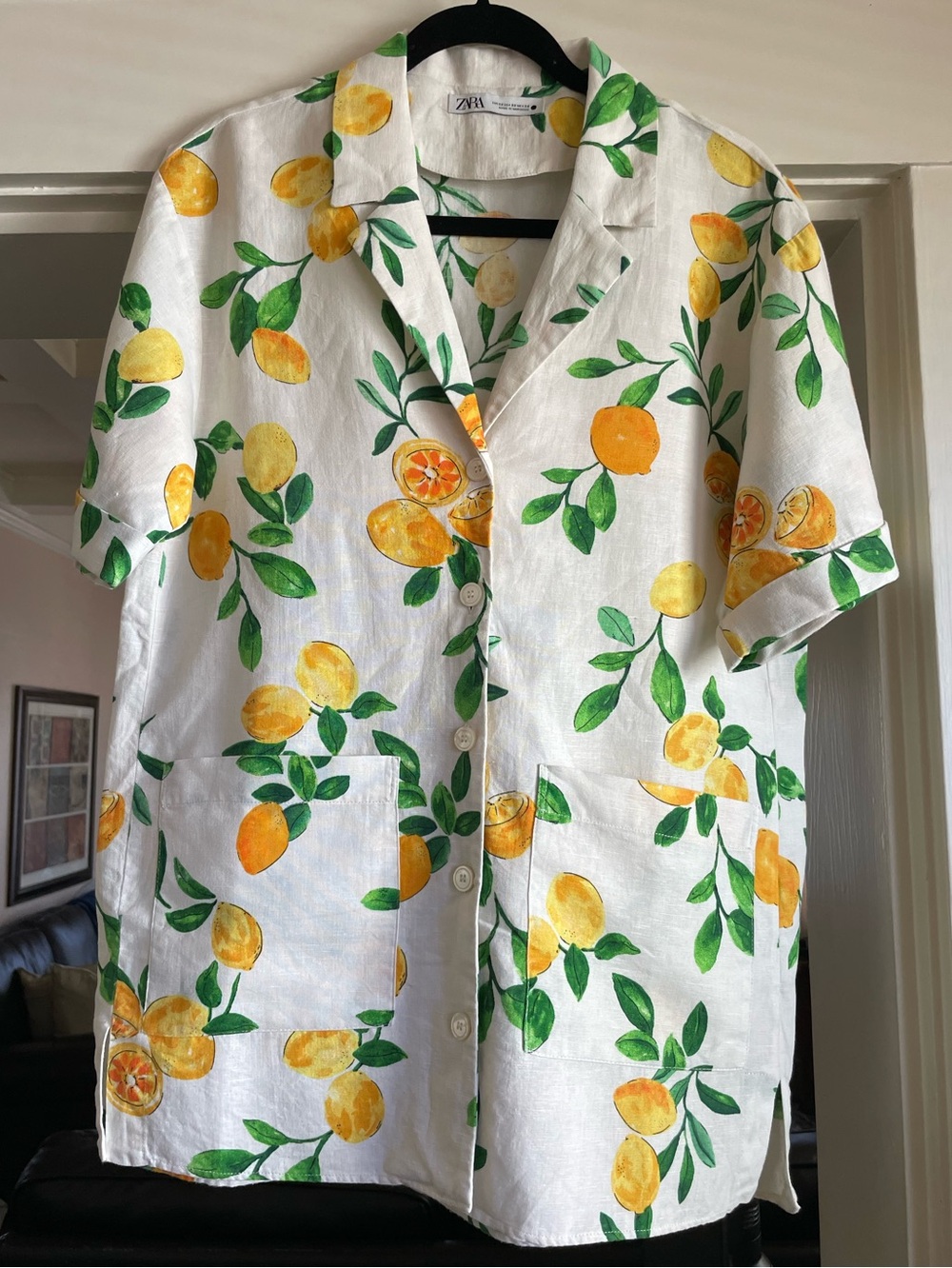 Zara Lemon Print Linen Blend Mini Shirt Dress - XS